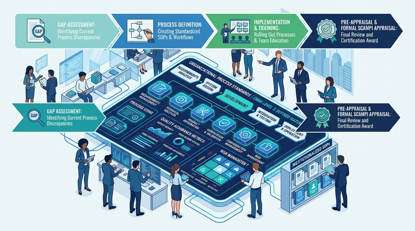 CMMI Level 3 Certification Roadmap CMMI Level 3 certification roadmap showing four implementation phases from gap assessment to formal appraisal