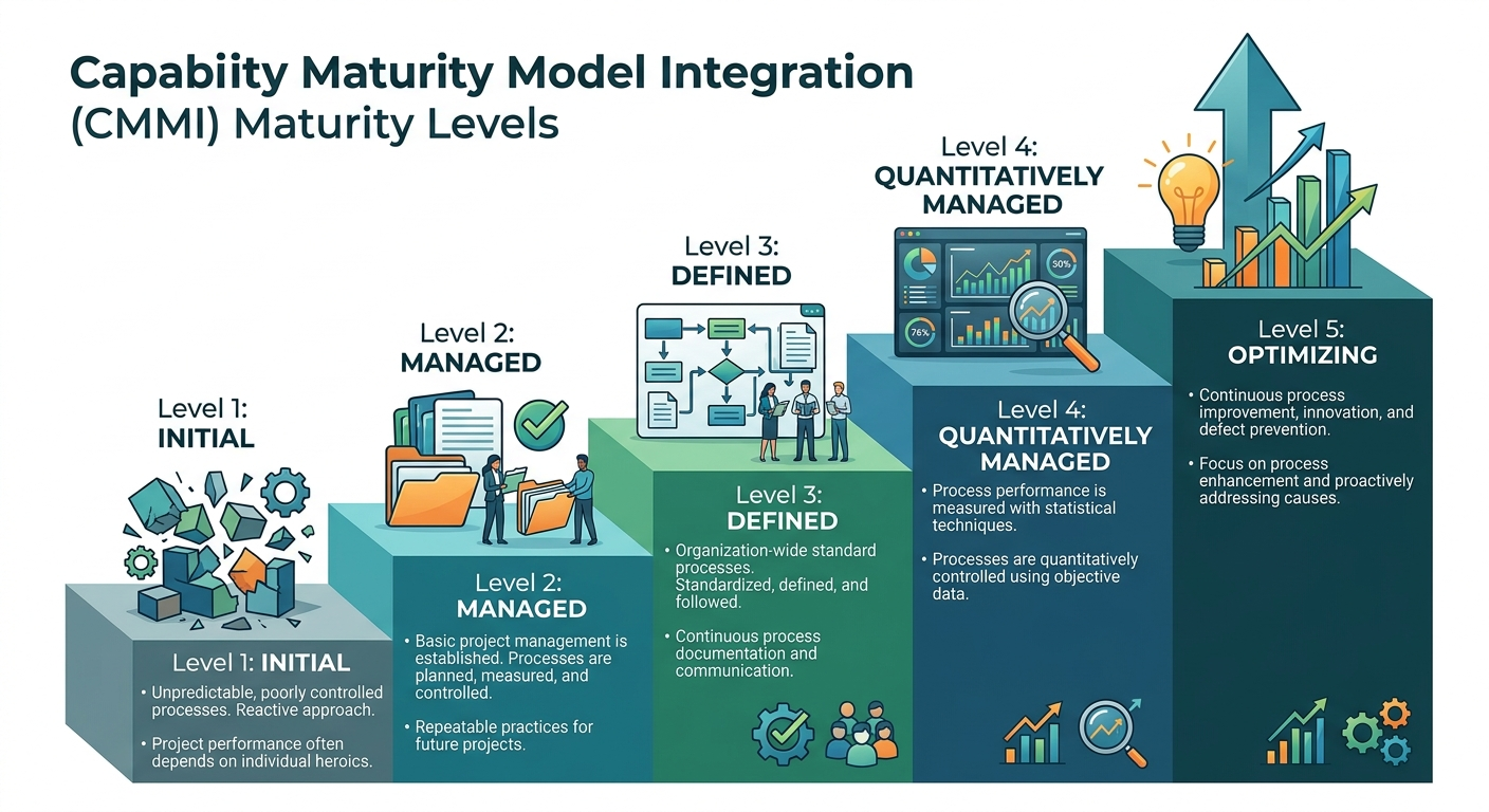 CMMI Framework Overview CMMI framework diagram showing Capability Maturity Model Integration process areas for software companies