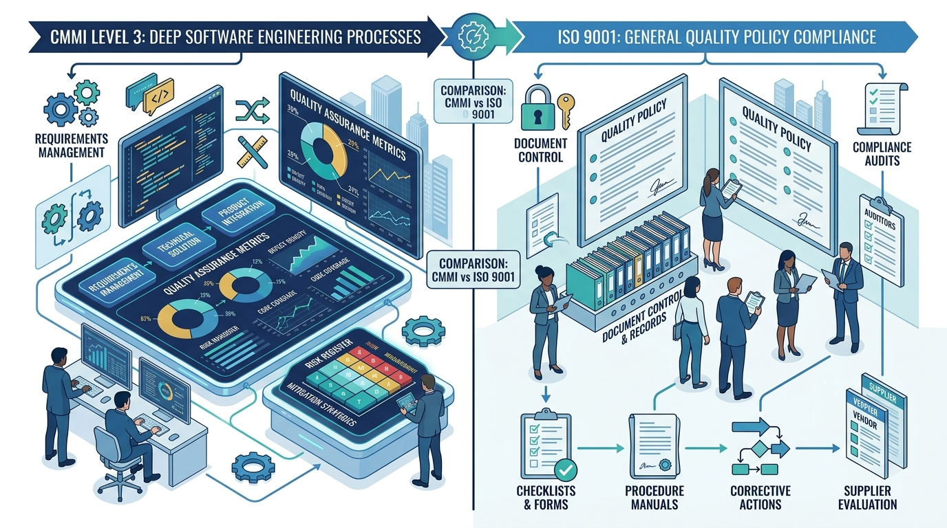 CMMI Level 3 vs ISO 9001:2015 Comparison Side-by-side comparison of CMMI Level 3 and ISO 9001:2015 framework scope, focus, and evaluation method