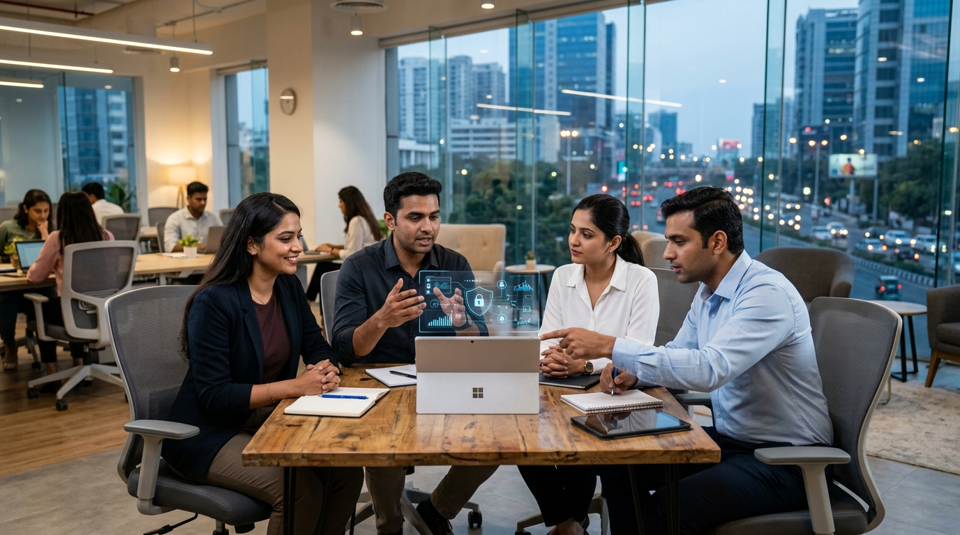 Business professionals in an Indian office discussing information security ahead of ISO 27001 certification