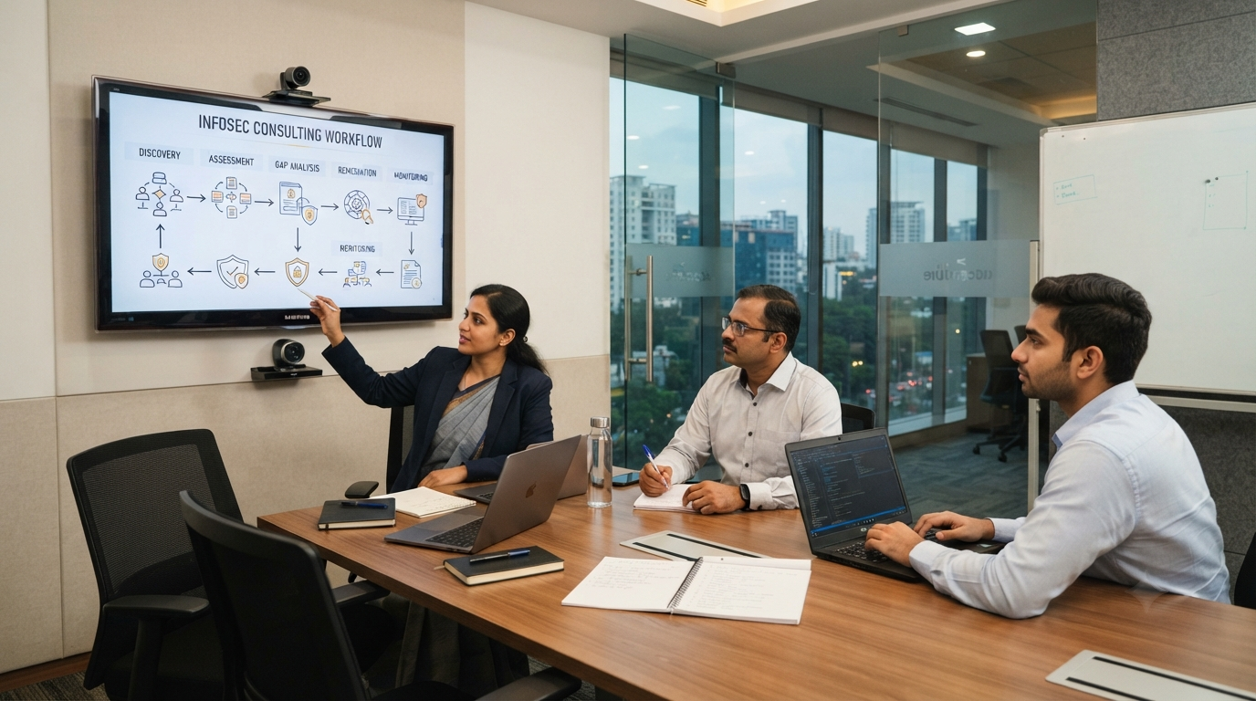 Consulting team reviewing a compliance process workflow during certification readiness