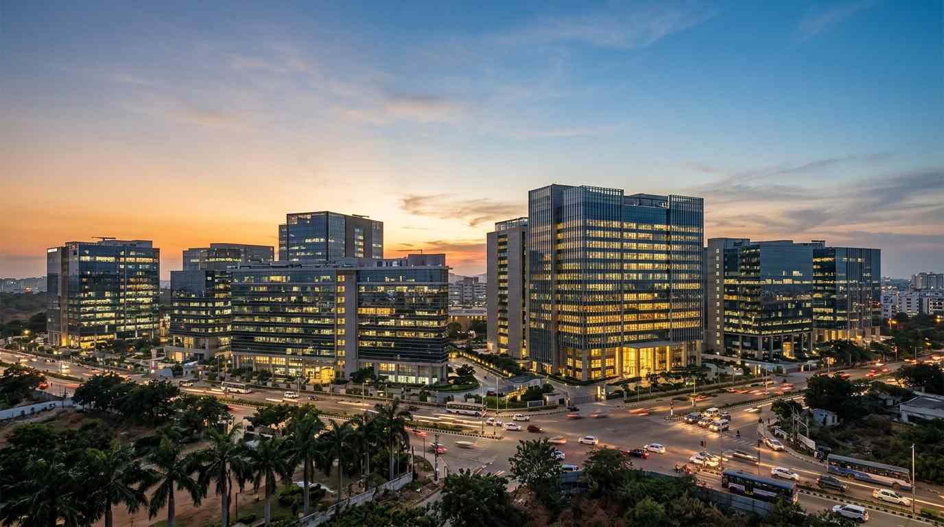 CMMI Certification in Hyderabad: Why IT Services and GCCs Are Pursuing Process Maturity Hyderabad Gachibowli technology district skyline at dusk