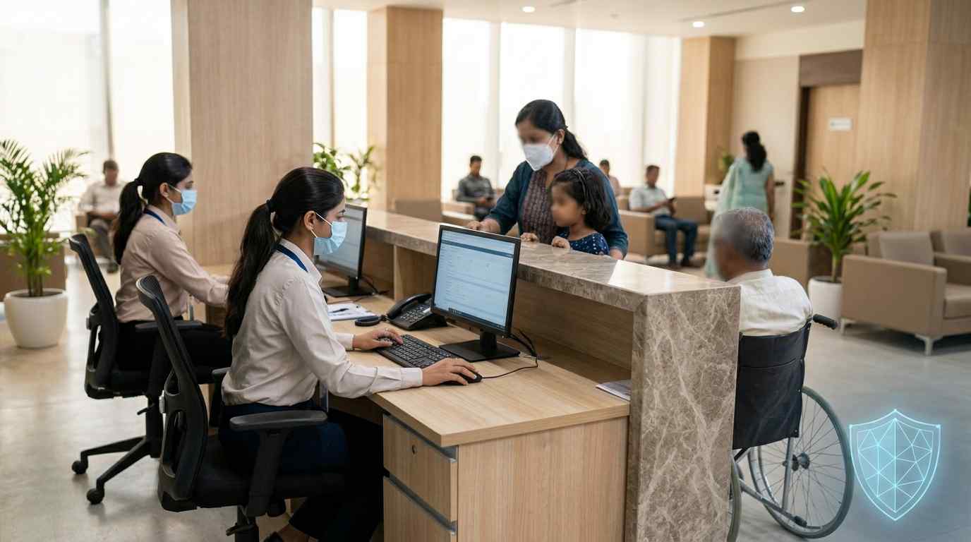 Building the Programme Privacy officer reviewing DPDP compliance records at a hospital office desk